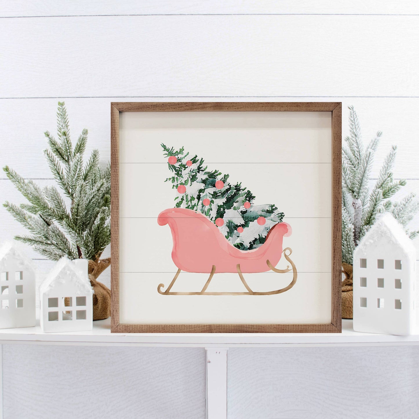 Pink Sleigh With Christmas Tree White